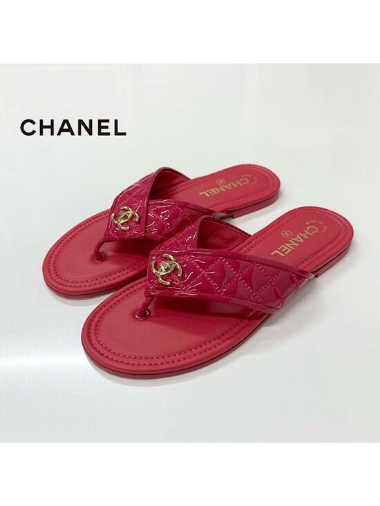 Chanel Shoes - Chanel CC Logo Quilted Patent Thong Sandals Pink